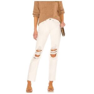 rag & bone Rosa Mid-Rise Boyfriend Jeans in Ecru with Distressing / Raw Hem